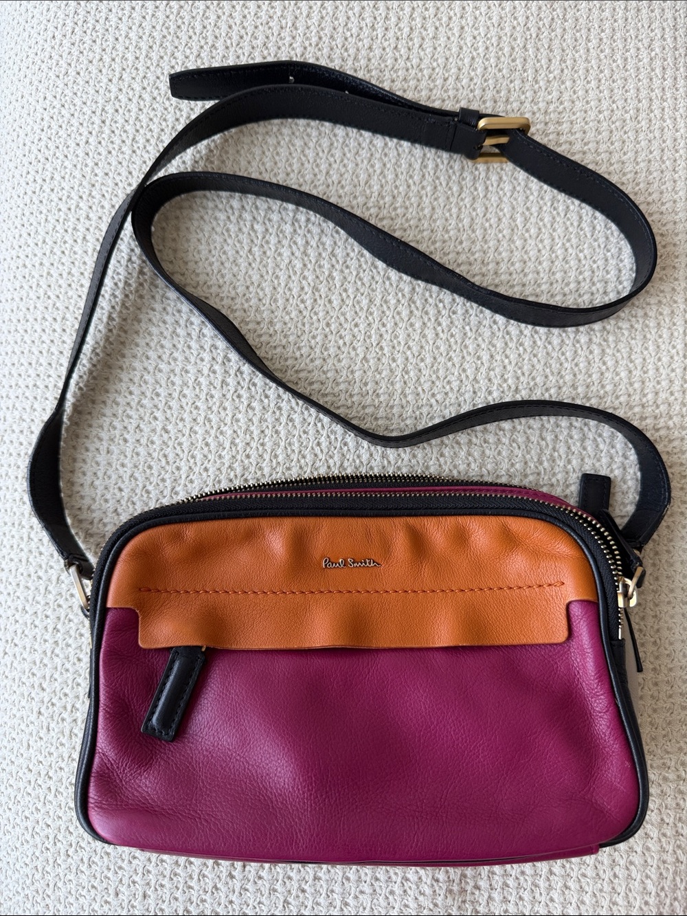 Paul Smith Orange and Fuchsia Leather Crossbody Bag with Black Strap